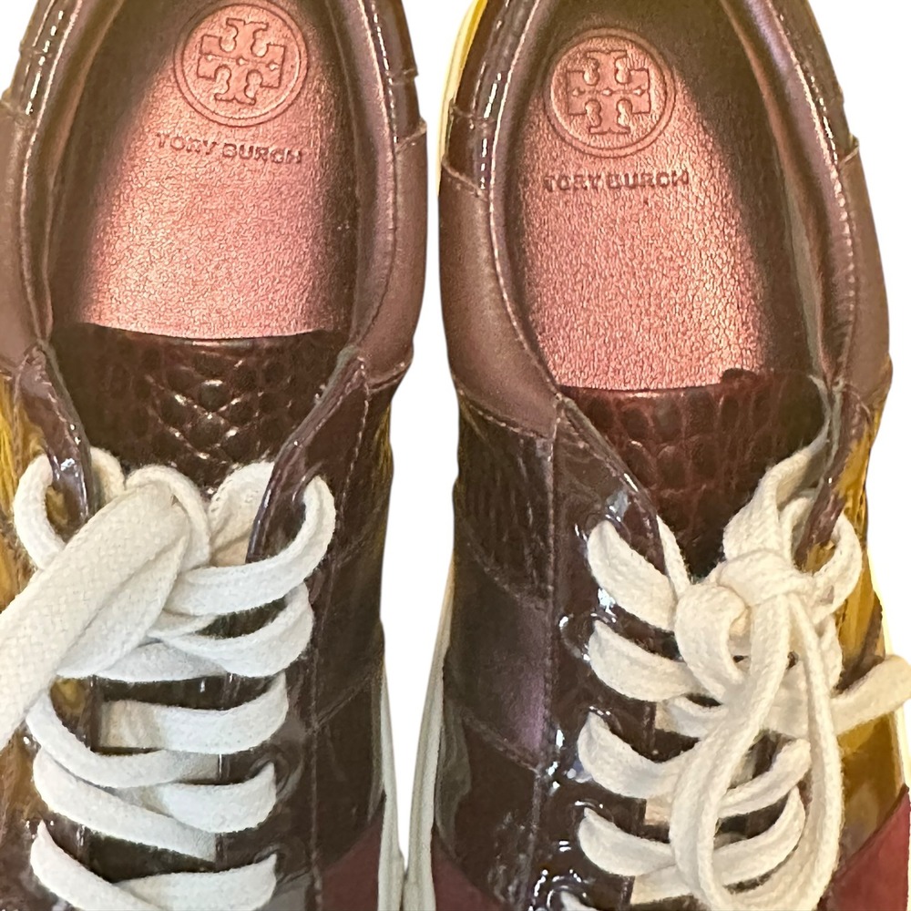 Tory Burch Howell Court Sneakers Burgundy Croc Patent Leather Multi Colorblock - Picture 5 of 16